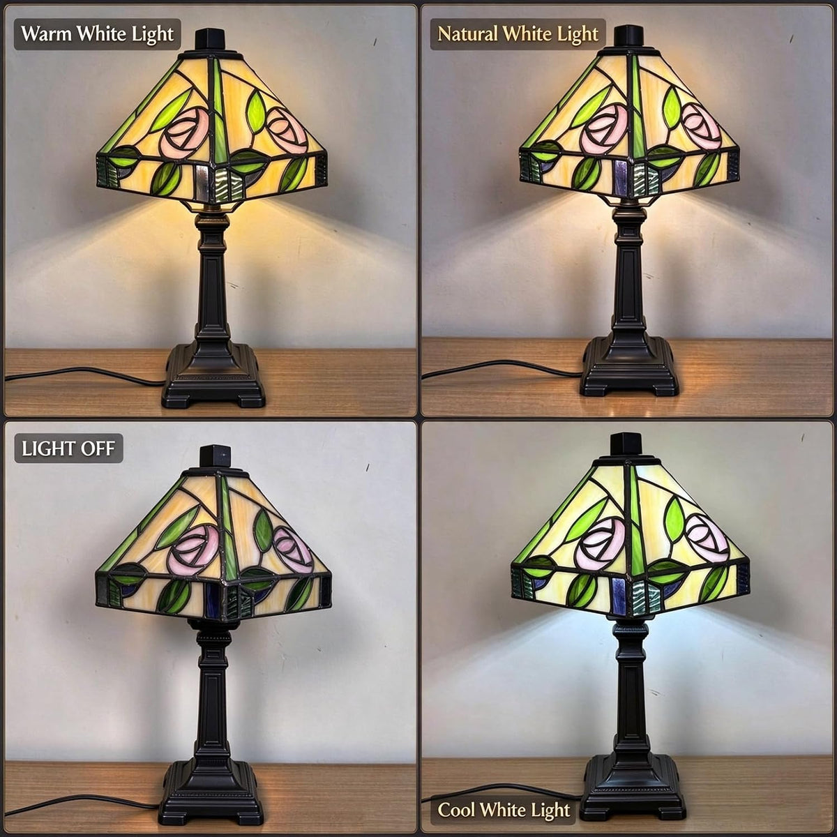 Tiffany Style Lamp Hand-Made Pink Rose Stained Glass Table Lamps