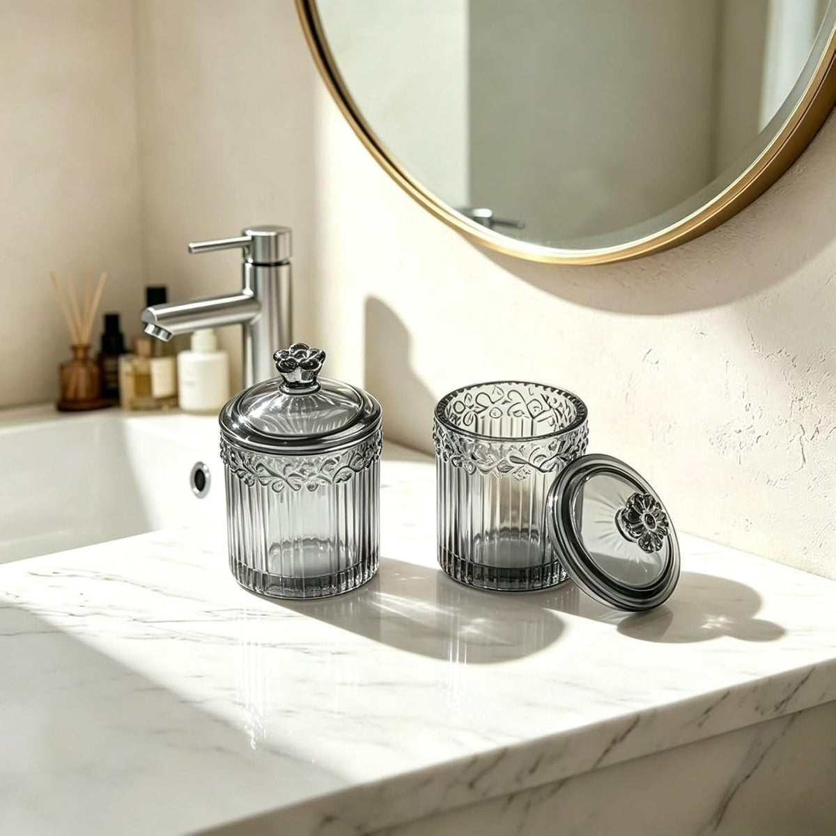 2 Pack Qtip Holder Thick Glass Apothecary Jars with Lid for Bathroom, Cotton Swab and Round Organizer, Vanity Storage Canisters for Makeup Pads, Floss (Gray)