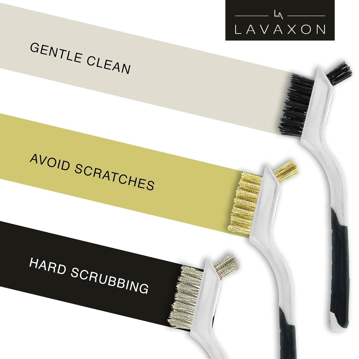 Lavaxon Wire Brush Set 3Pcs - Nylon/Brass/Stainless Steel Bristles with Curved Handle Grip for Rust, Dirt & Paint Scrubbing with Deep Cleaning – 7 Inches (Grey)
