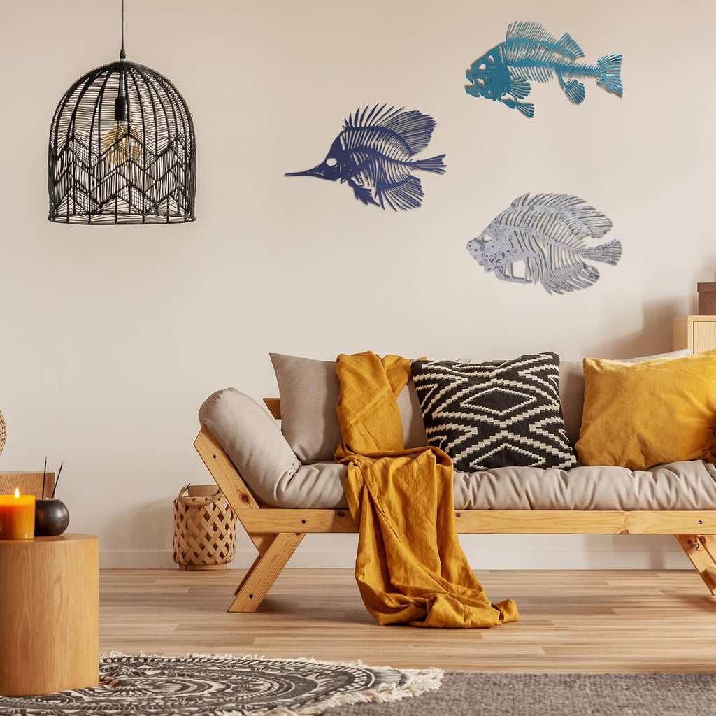Zhengmy 3 Pcs Metal Fish Wall Art, Fishing Wall Decor, Various Color