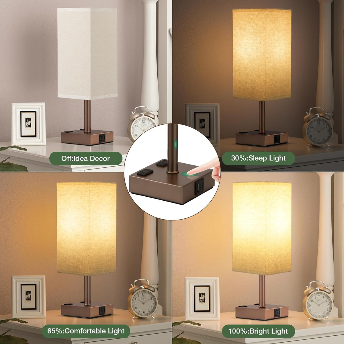 Brown Touch Lamps Set of 2 for Bedroom - Dimmable, USB C+A, 2 AC Outlets