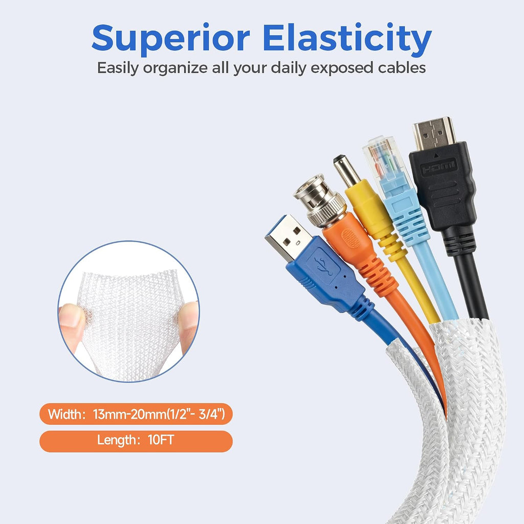 Delamu 10ft - 1/2 inch Cable Sleeve Cord Protector from Pets No Chew, Split-Braided PVC Wire Loom Tubing for Desk Computer USB TV Cord Organizer, Easy Set-up Cable Management Sleeve Kit, White