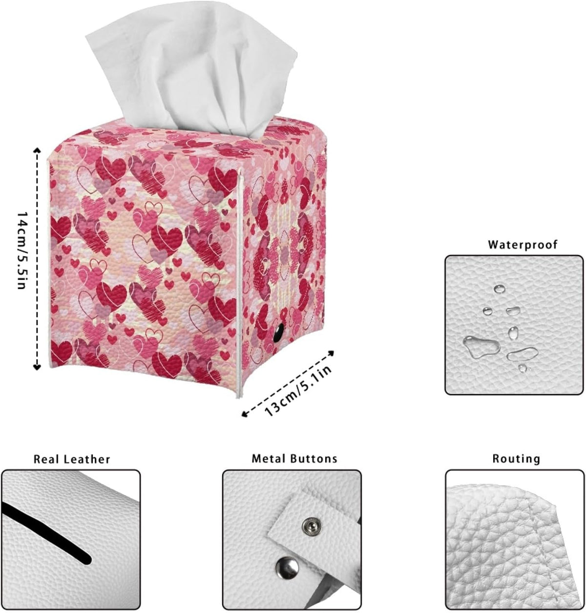 Happy Valentines Day Facial Tissue Box Cover PU Leather Square Tissue Case Dispenser 5.1"X5.1"X5.5" Organizer for Living Room Kitchen Bathroom Home Decor,Pink Love Heart