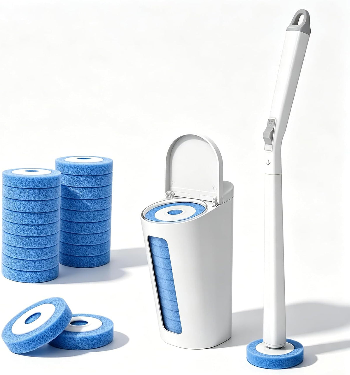 Disposable Toilet Brush Set with Automatic Lid 20 Replacement Heads, White