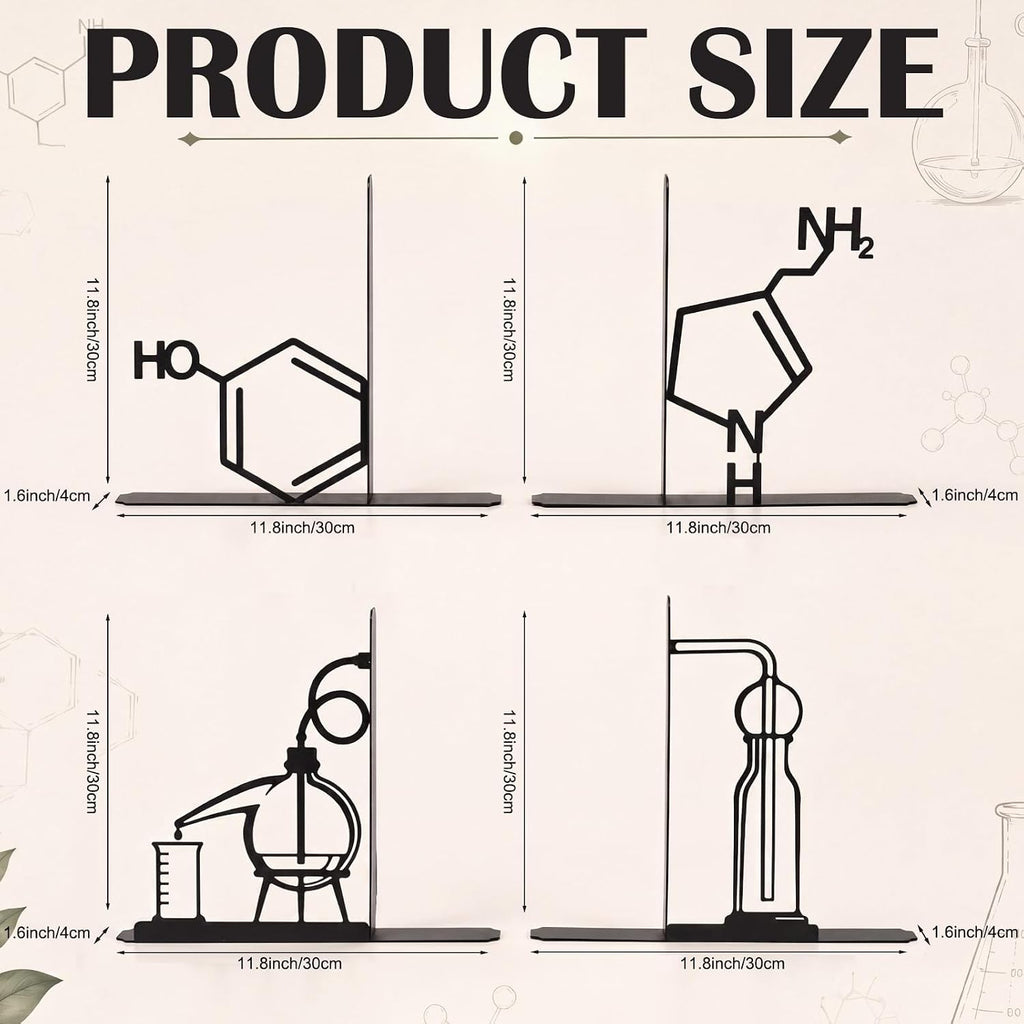 4 Pcs Chemistry Metal Bookends for Home Office Laboratory Decor