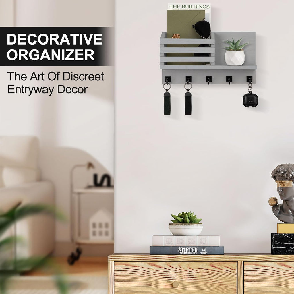 Key Holder Wall Mount, Mail Organizer for Wall with 5 Square Key Hooks
