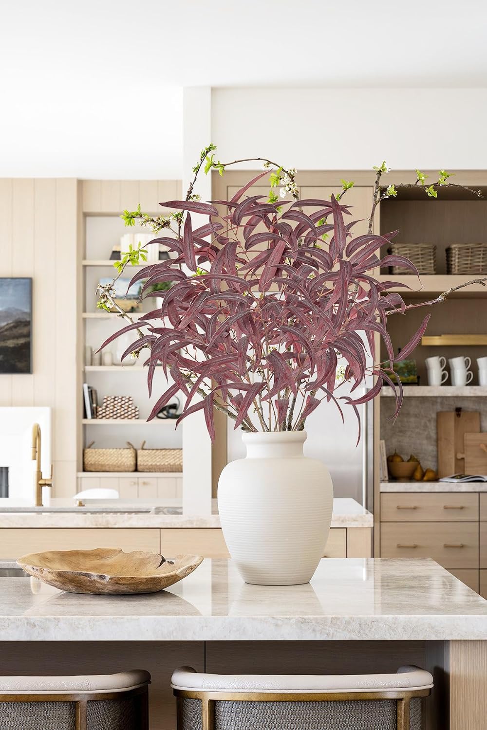 Briful Artificial Eucalyptus Branches Fall Decor, 6PCS Burgundy Fake Eucalyptus Stems, Realistic Faux Greenery Stems for Autumn Thanksgiving Halloween Home Farmhouse Porch Vase Decor, Indoor Outdoor