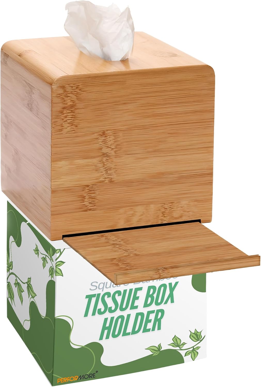Performore Square Bamboo Tissue Box Cover, Water-Resistant Wood