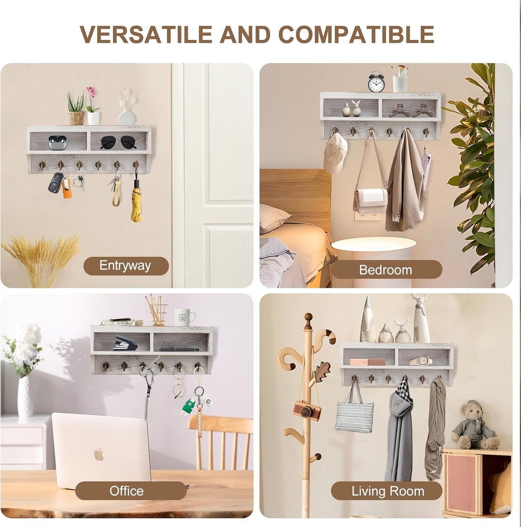 Key Holder Wall Mount with Mail Organizer, 6 Hooks & Shelf, White