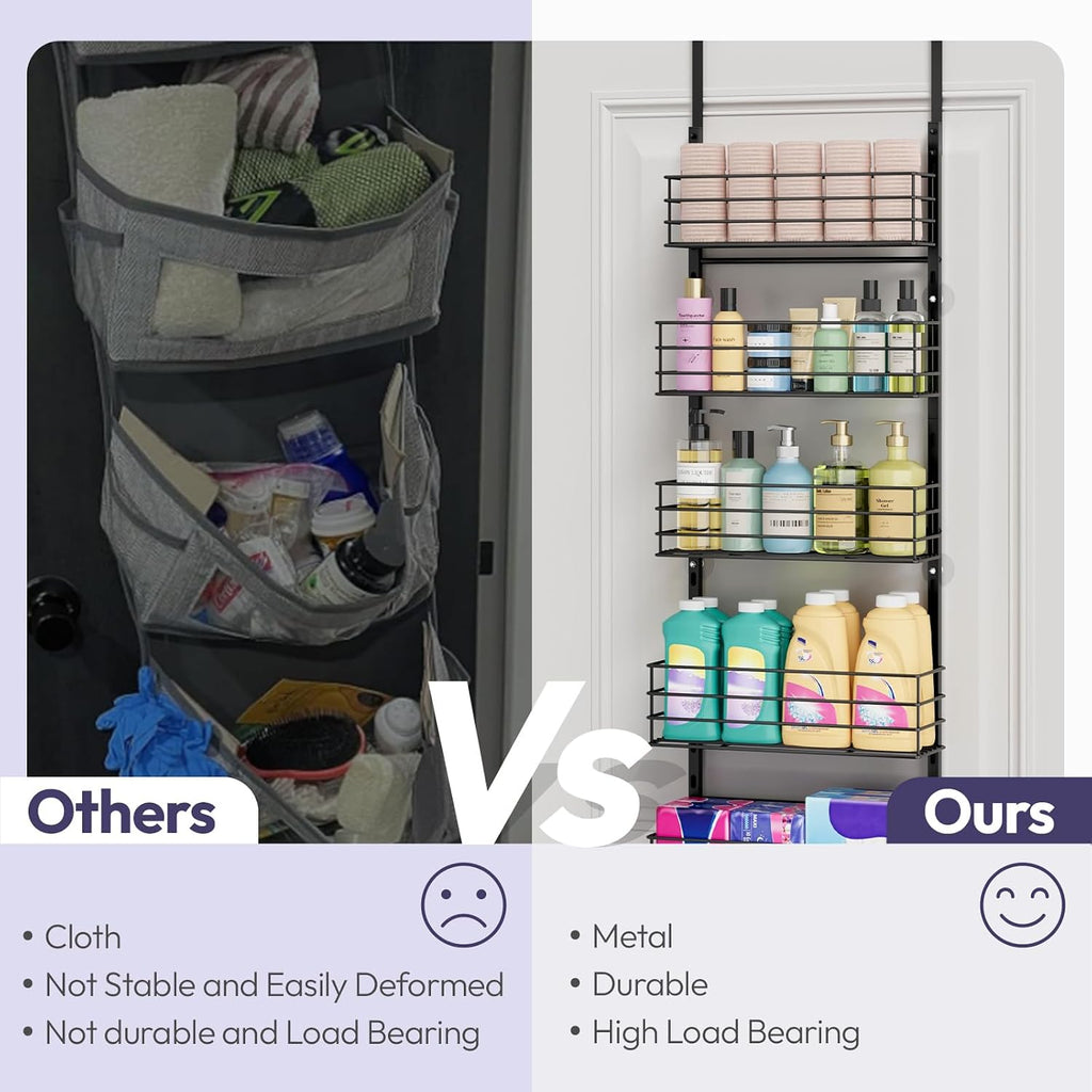 SWTYMIKI Over The Door Organizer - Door Organizer Hanging with 5 Adjustable Metal Large Capacity Basket and 6 Coat Hook, Wall Mounted Shelf for Bedroom Closet Bathroom Laundry Pantry Cabinet Kitchen