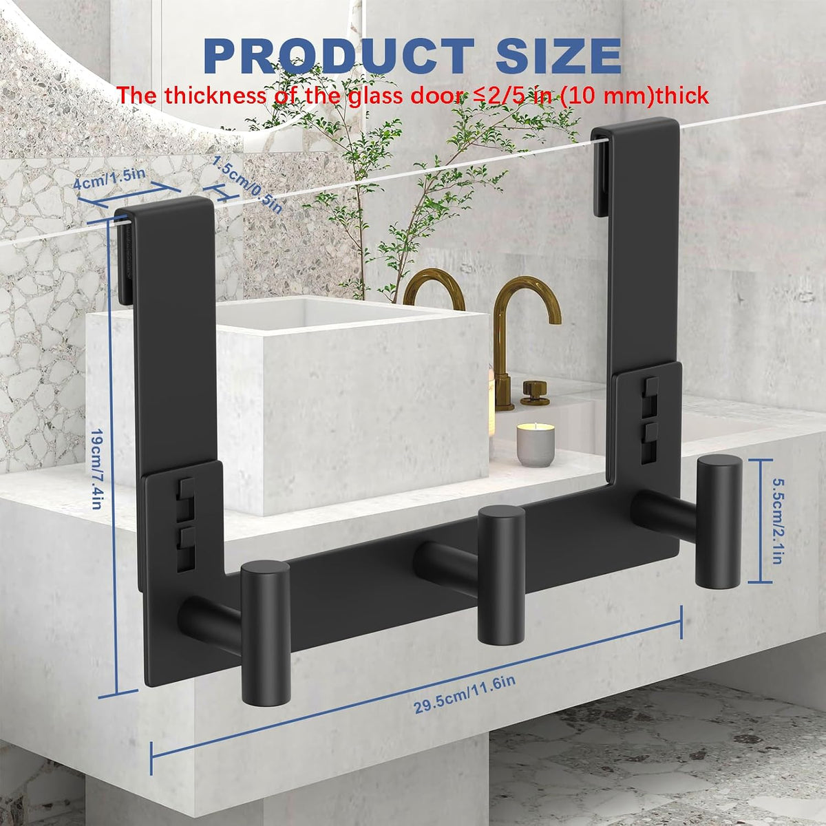 WUIVIUT Over Glass Shower Door Hooks, Towel Racks for Bathroom, Fits 3/8" (10mm) Thick Shower Door, Heavy Duty Washroom Hooks for Robe, Coat (T Shape, 3 Hook)
