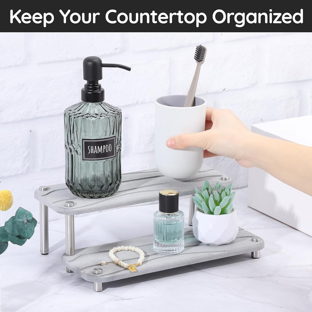 Segbeauty 2 Tier Quick Dry Diatomaceous Earth Stone Tray, 11x4.3in Water Absorbing Bathroom Tray Countertop Organizer Instant Drying Vanity Tray, Kitchen Counter Dish Soap Dispenser Rack Sponge Holder