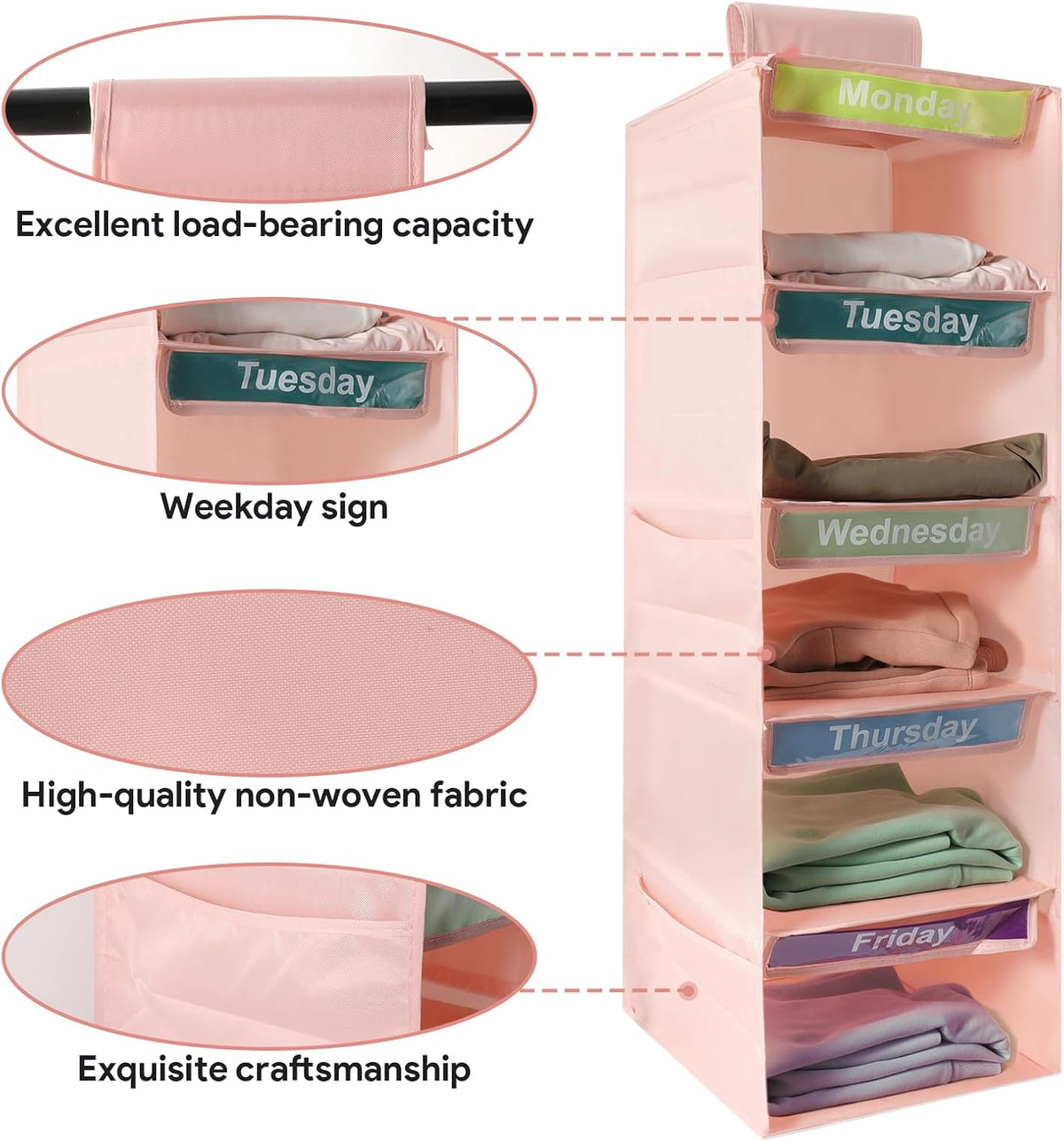 5 Shelf Days of The Week Clothes Organizer for Kids Weekly Outfits(Pink)