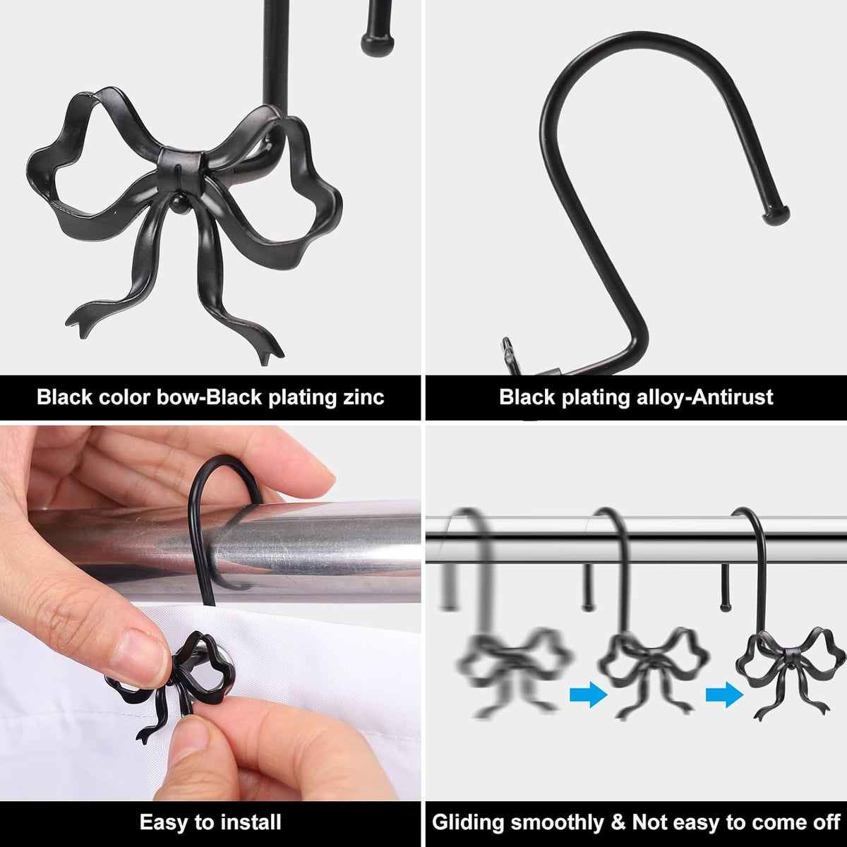 Bow Shower Curtain Hooks, 12-Pack Black Metal Decorative Bow Knot Rings