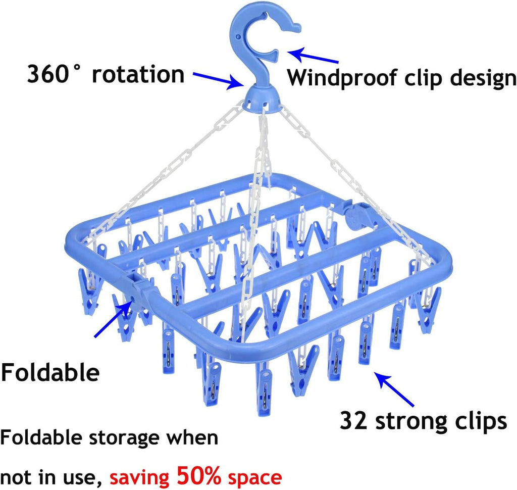32 Clips Foldable Clothes Drying Rack, 360° Rotating Hanger with Windproof Hook for Socks Underwear Baby Clothes Towels Bras Diapers Scarf Gloves Portable Laundry Rack