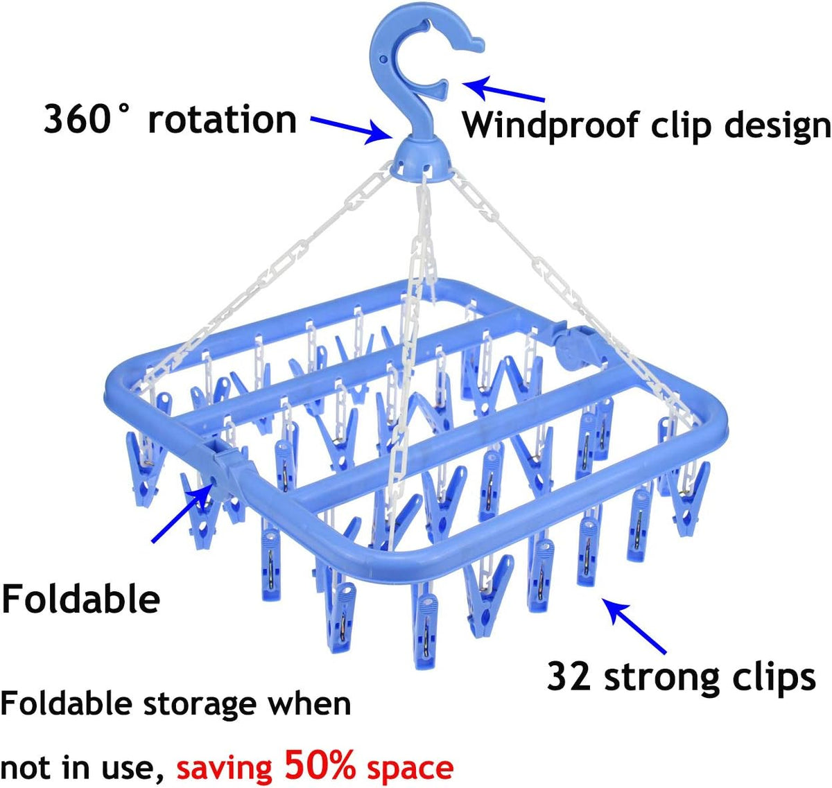 32 Clips Foldable Clothes Drying Rack, 360° Rotating Hanger with Windproof Hook for Socks Underwear Baby Clothes Towels Bras Diapers Scarf Gloves Portable Laundry Rack