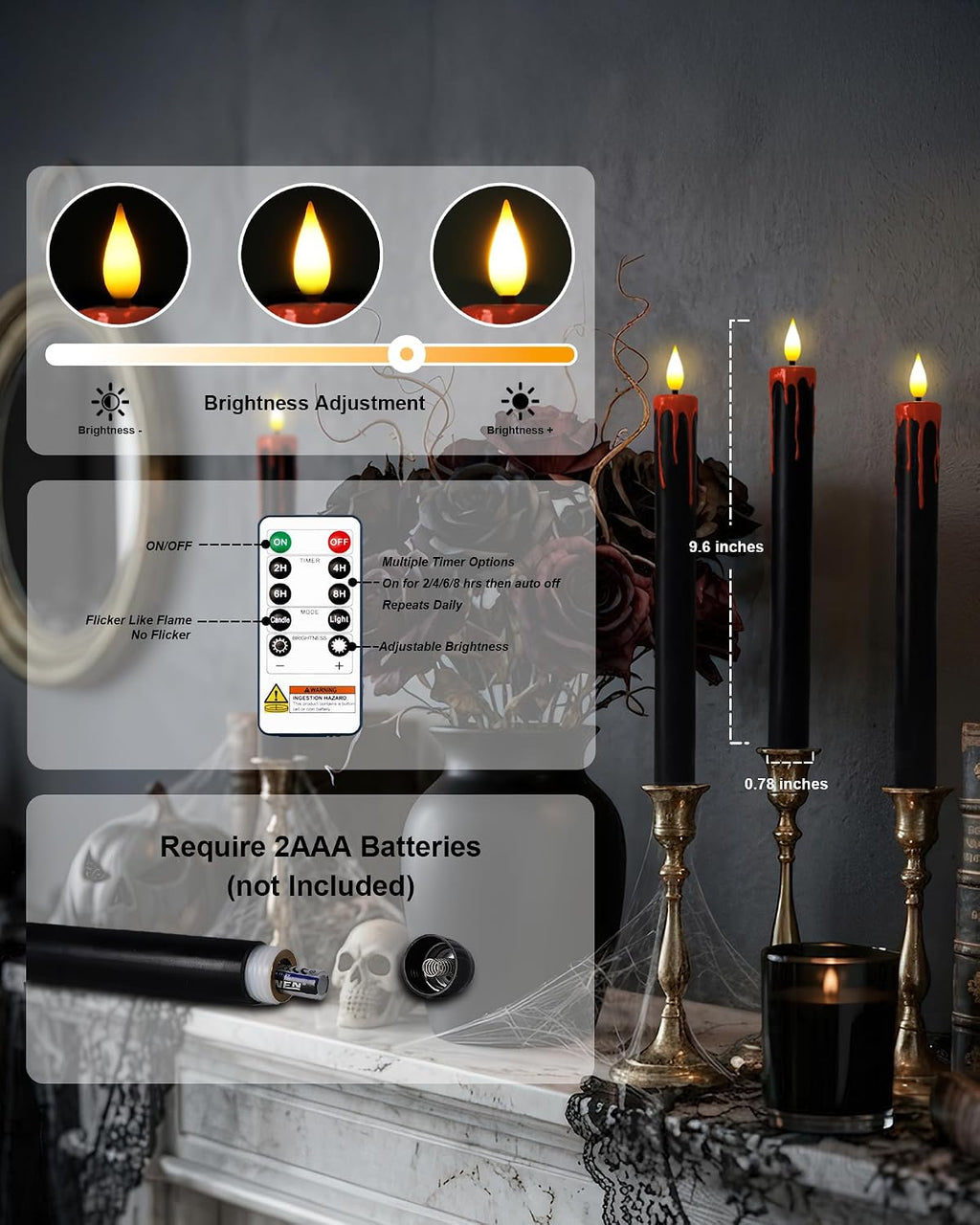 Homemory Black Bleeding Real Wax Flameless Taper Candles, 9.6 Inch Battery Operated LED Candlesticks with Remote Control and Timer, Realistic Dripless for Halloween Spooky Dark Decor 6 Pack