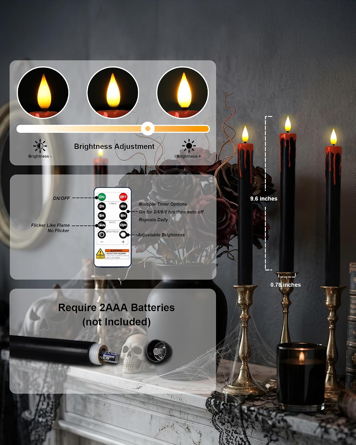Homemory Black Bleeding Real Wax Flameless Taper Candles, 9.6 Inch Battery Operated LED Candlesticks with Remote Control and Timer, Realistic Dripless for Halloween Spooky Dark Decor 6 Pack