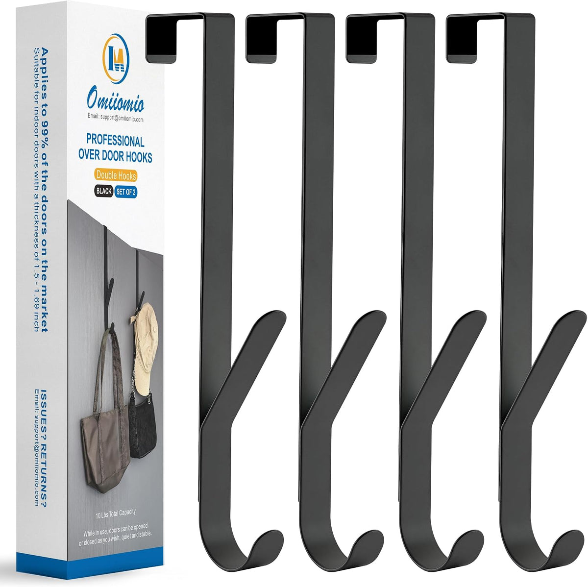 Over The Door Double Hanger Hooks, Metal Twin Hooks Organizer for Hanging Coats, Hats, Robes, Towels - Black - Set of 4