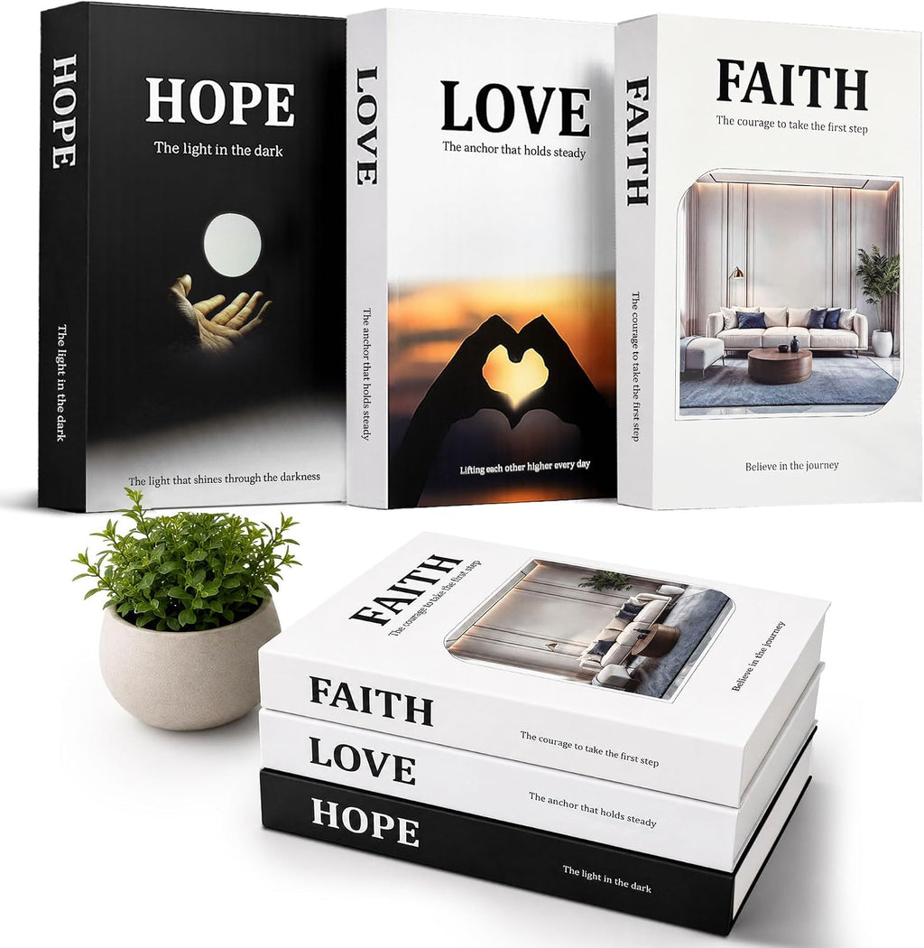 Decorative Faux Books for Home Decor, Fake Books Set of 3, Faith, Love & Hope Themed, Coffee Table, Shelf, Mantle Display