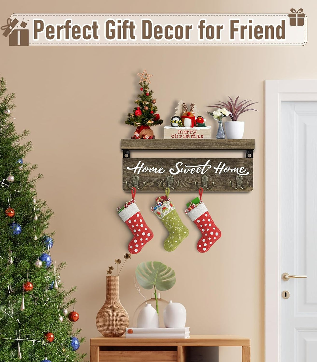buways Key Holder Wall Mount with 8 Hooks and Cozy Home Sign (Brown)