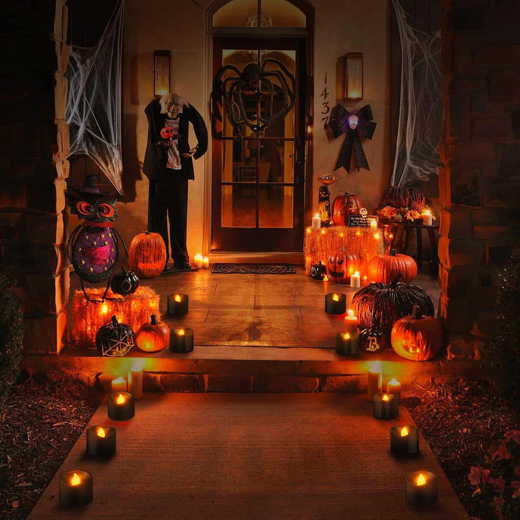 Black LED Tea Lights, 12pcs Battery Operated Tealights Flickering Flameless Votive Candles with Realistic Warm White for Birthday Themed Party Home Halloween Christmas Decorations