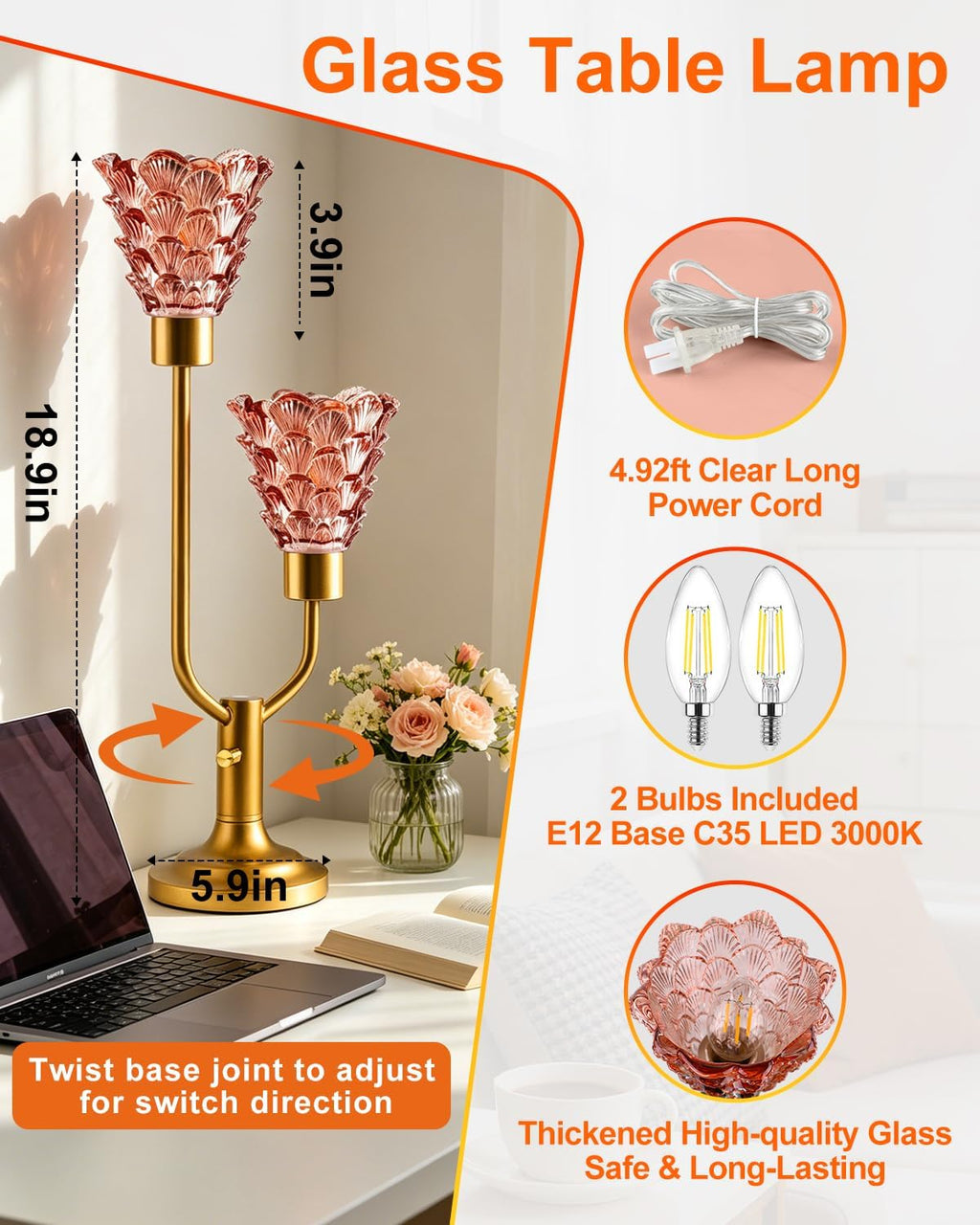 Lightdot Mid Century Modern Glass Table Lamp Dimmable Vintage Pink Lamp