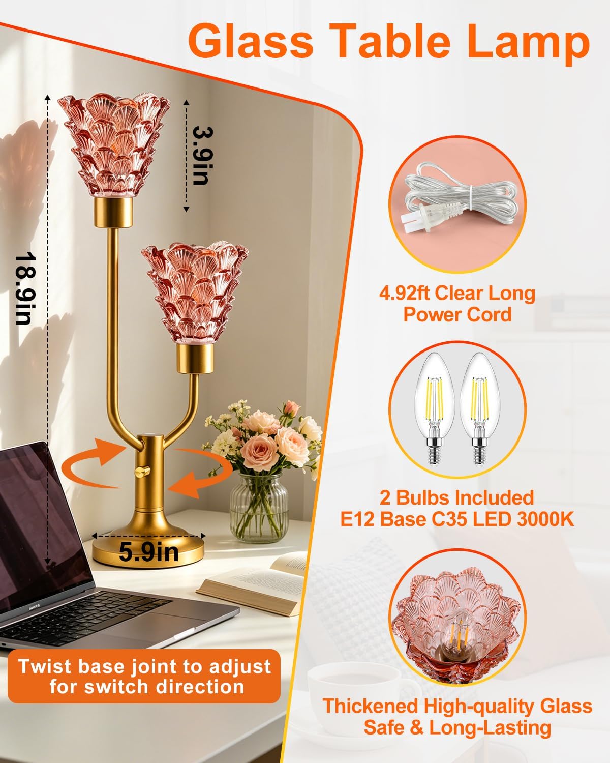 Lightdot Mid Century Modern Glass Table Lamp Dimmable Vintage Pink Lamp