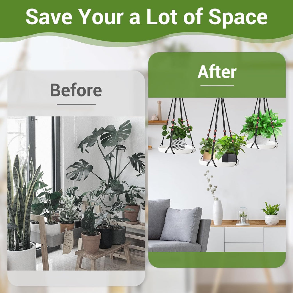 GREANER 2 Sets Hanging Plant Shelf, Black Indoor Hanging Plant Stand with Large Plastic Tray, Flower Pot Holder for Succulents, Cacti, Small Plants