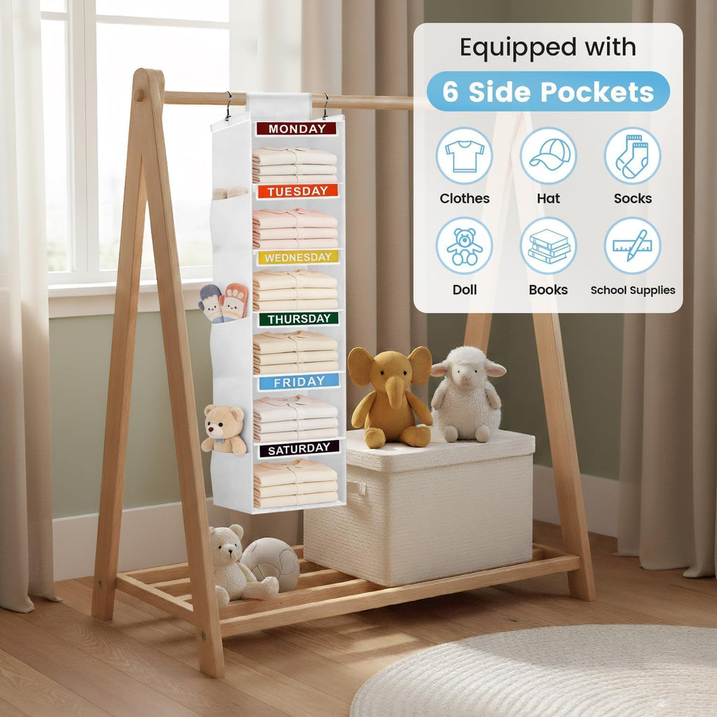 Weekly Clothes Organizer for Kids, 6-Shelf Kid Hanging Closet Organizer w/ 6 Side Pockets, Labeled Weekly Outfit Organizer for Kids, Days of The Week Clothes Organizer Monday Through Friday White