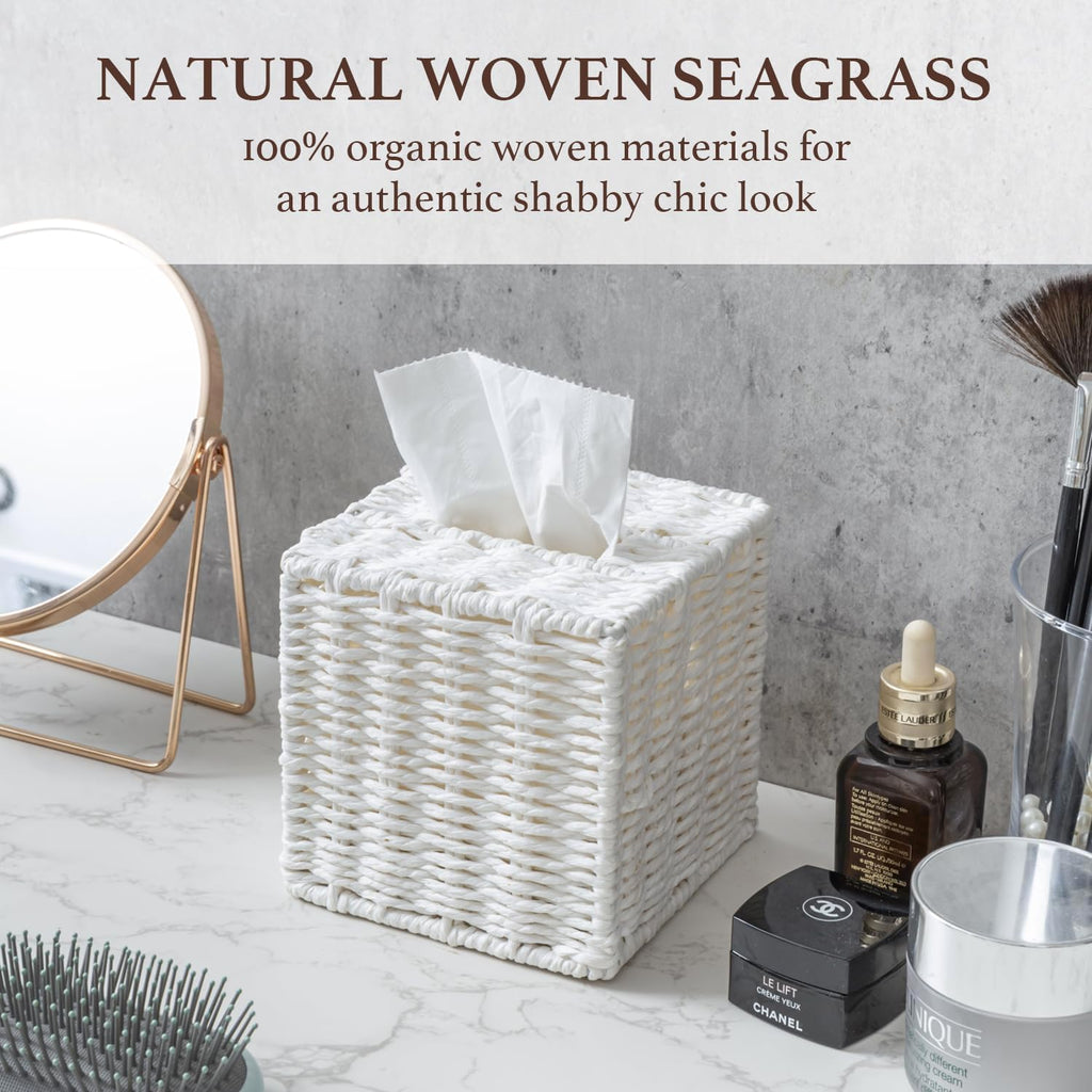 MyGift Decorative White Woven Square Tissue Box Holder with Easy Open Refill Bottom, Bathroom Decor Facial Tissues Cover with Sturdy Paper Rope Material