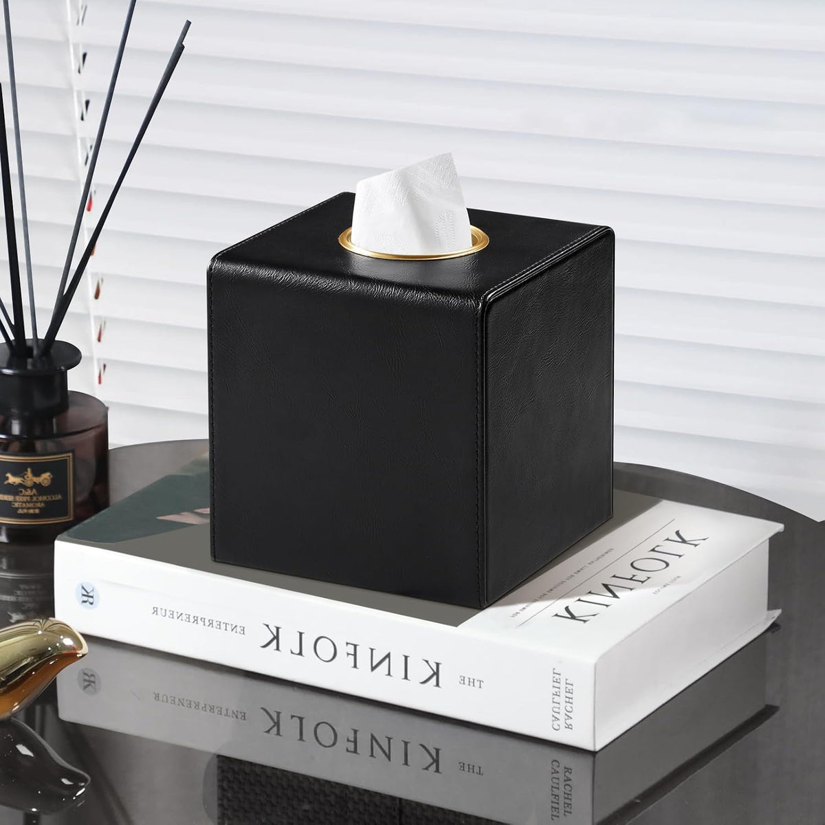 Square Tissue Box Cover with Magnetic Closure, Black