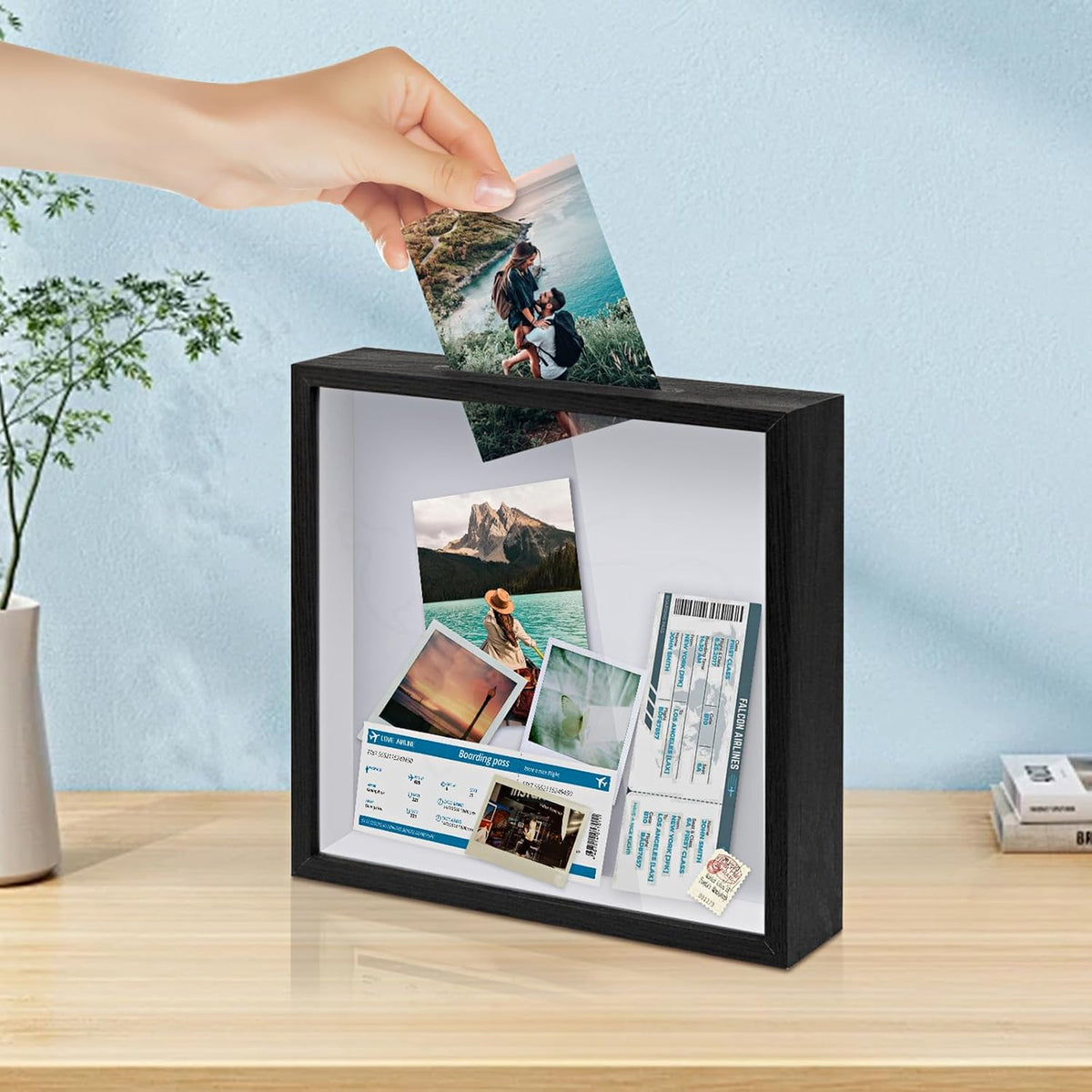 ZEEYUAN Adventure Archive Box 12x12inch Adventure Box for Travel Life in a Box Memories Shadow Box with Slot, Top Loading Tickets keepsake Box Display Travel Frame, ZYBOX01