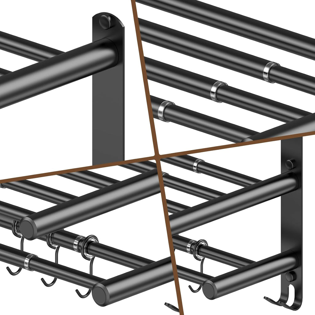 Adjustable 16.9–28" Matte Black Towel Rack for Bathroom SUS304 Stainless Steel 2-Tier Shelf with Extended Bar & 4 Sliding Hooks, Adhesive or Screw Mount, Bathroom/Over-Toilet Organizer