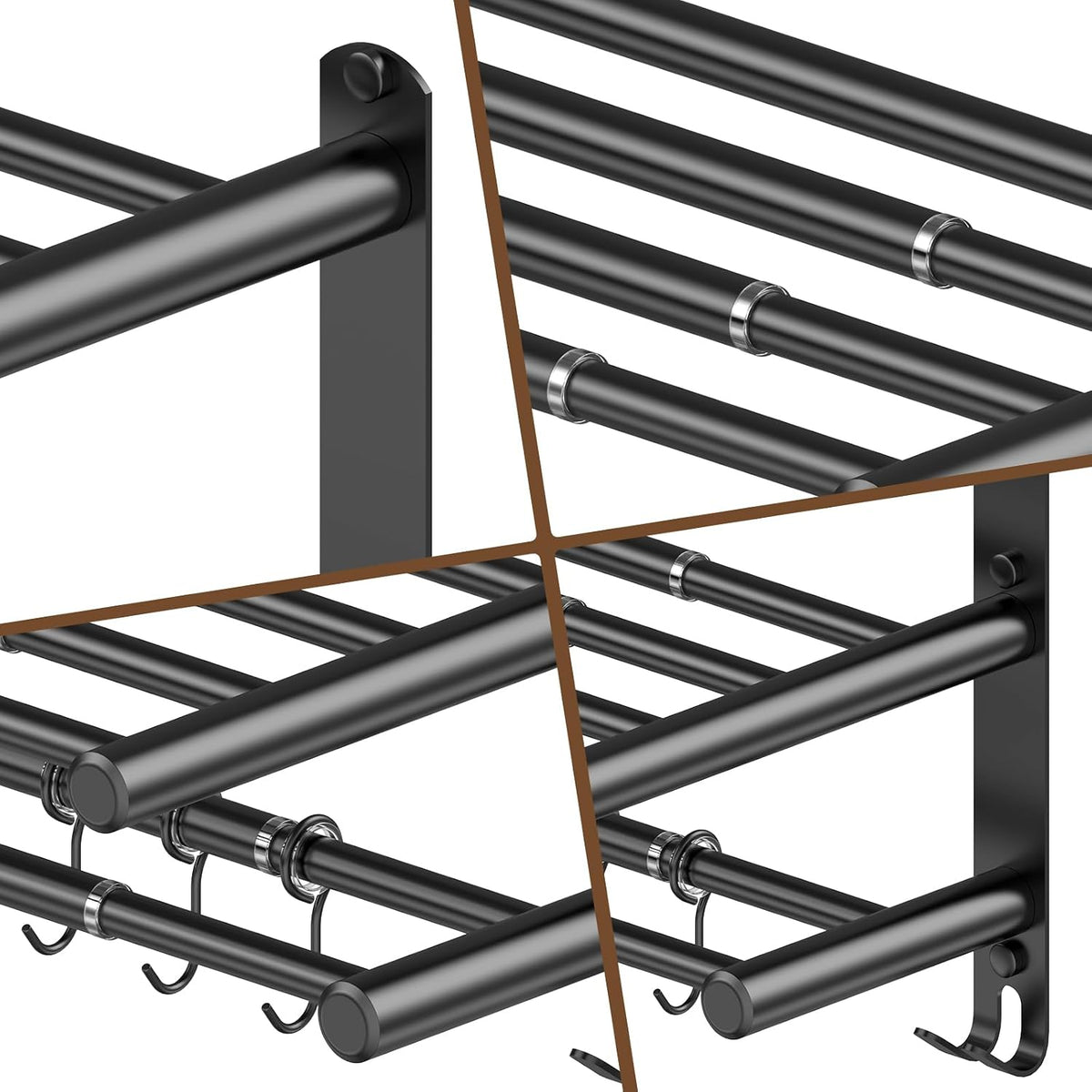 Adjustable 16.9–28" Matte Black Towel Rack for Bathroom SUS304 Stainless Steel 2-Tier Shelf with Extended Bar & 4 Sliding Hooks, Adhesive or Screw Mount, Bathroom/Over-Toilet Organizer