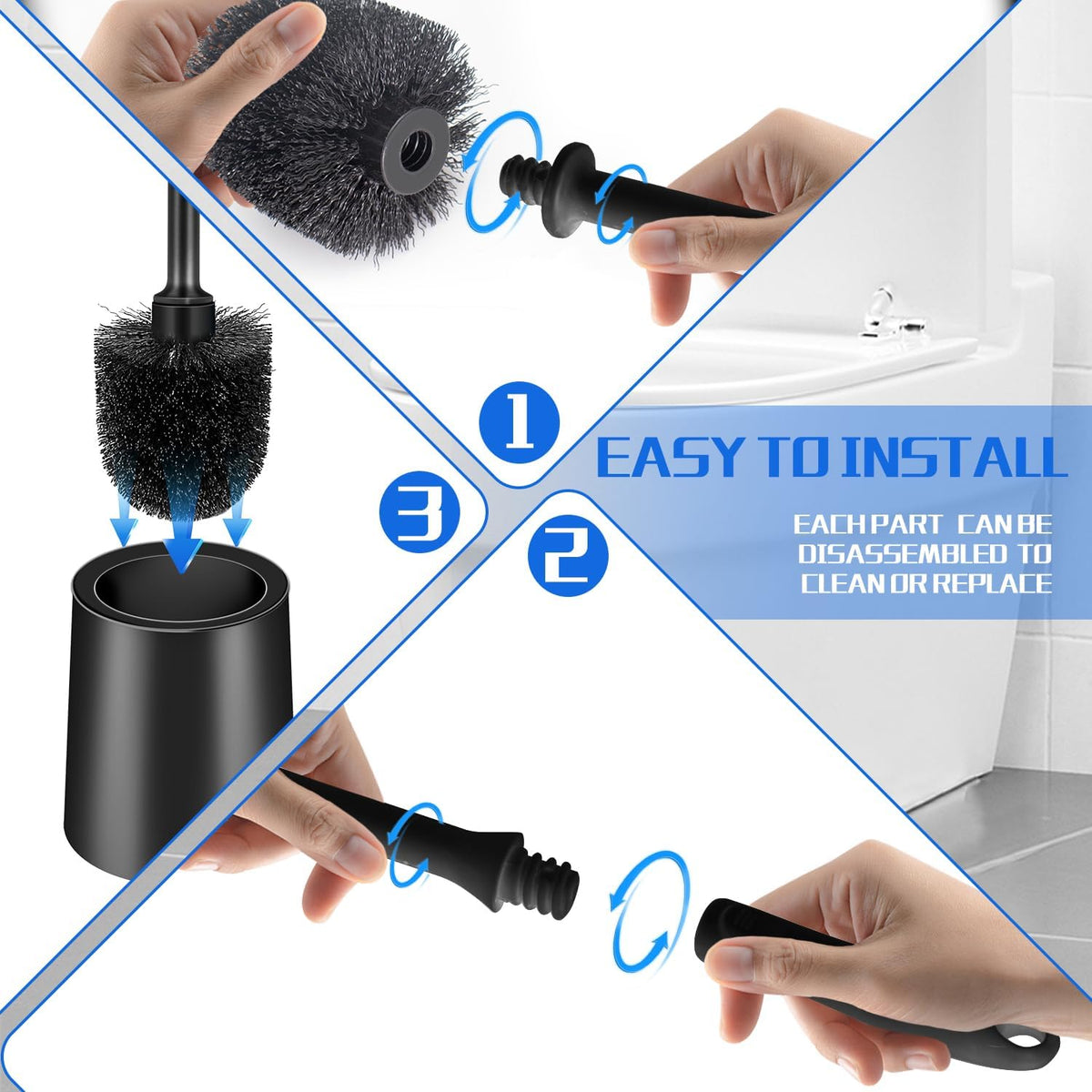 Black Toilet Brush and Holder Set for Bathroom and Toilet Scrubber, 2 Pack