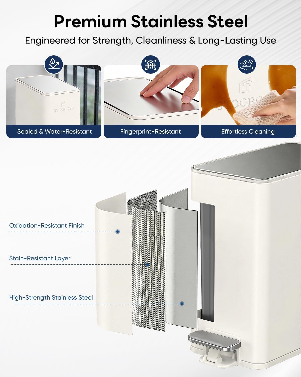 10L/2.6G Slim Bathroom Trash Can, Narrow Stainless Steel Soft-Close Step Pedal Bin with Lid, Odor Control Carbon Box, Removable Inner Bucket, Small Waste Bin for Bedroom, Office, RV (White)