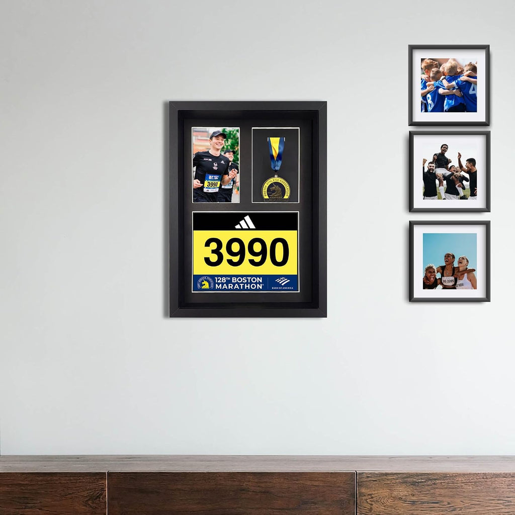 MedalAwardsRack 3 in 1 Shadow Box Display (Medal, Race Bibs, and Photo Display) – Marathon Medal Display, Marathon Medal Frame, Triathlon and Running Bib Holder.
