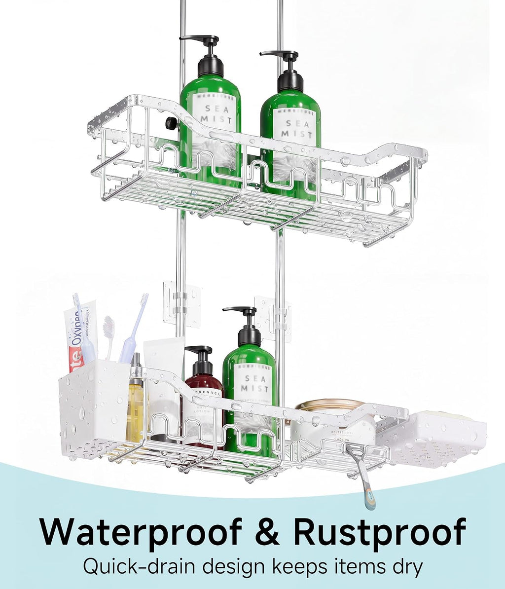 Shower Caddy Hanging Over the Door, Upgraded Extended Length Shower Organizer, Rustproof Bathroom Rack with Hooks Soap Holder, Silver