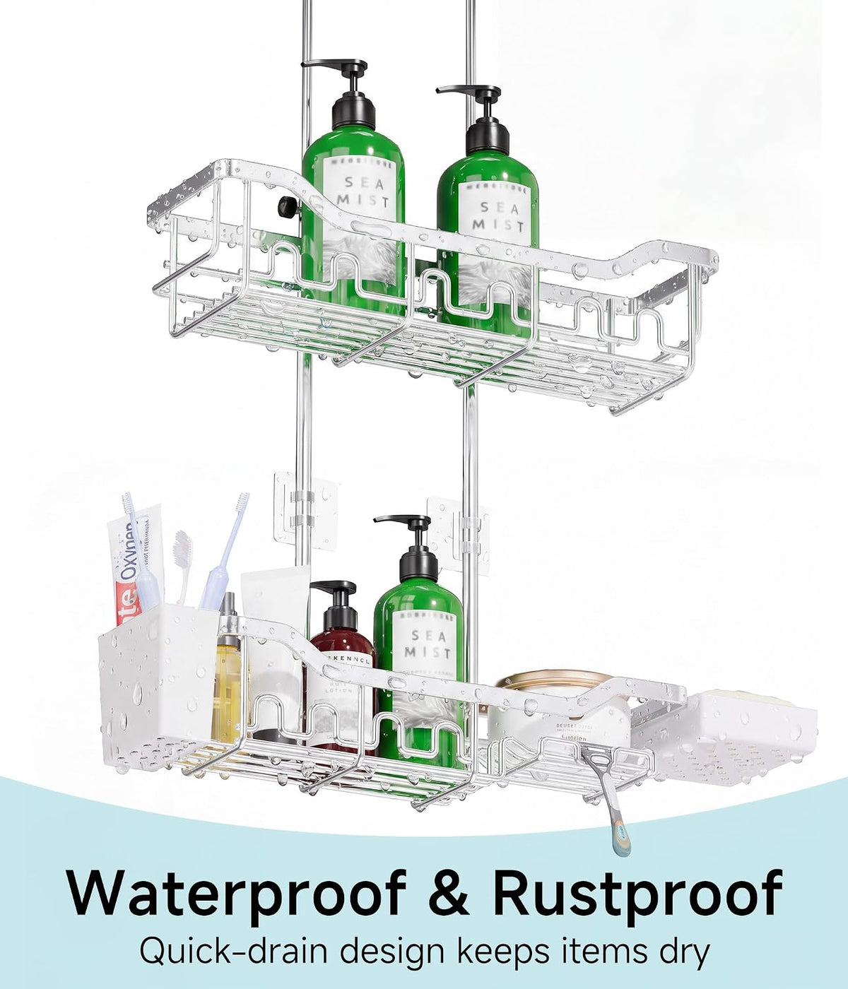Shower Caddy Hanging Over the Door, Upgraded Extended Length Shower Organizer, Rustproof Bathroom Rack with Hooks Soap Holder, Silver