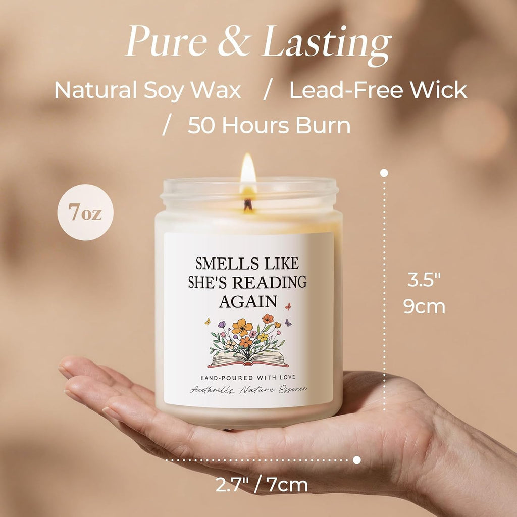 AceThrills Book Lovers Gifts for Book Lovers Women, Bookish Gifts for Readers - Lavender Scented Soy Wax Candle (She's Reading Again)