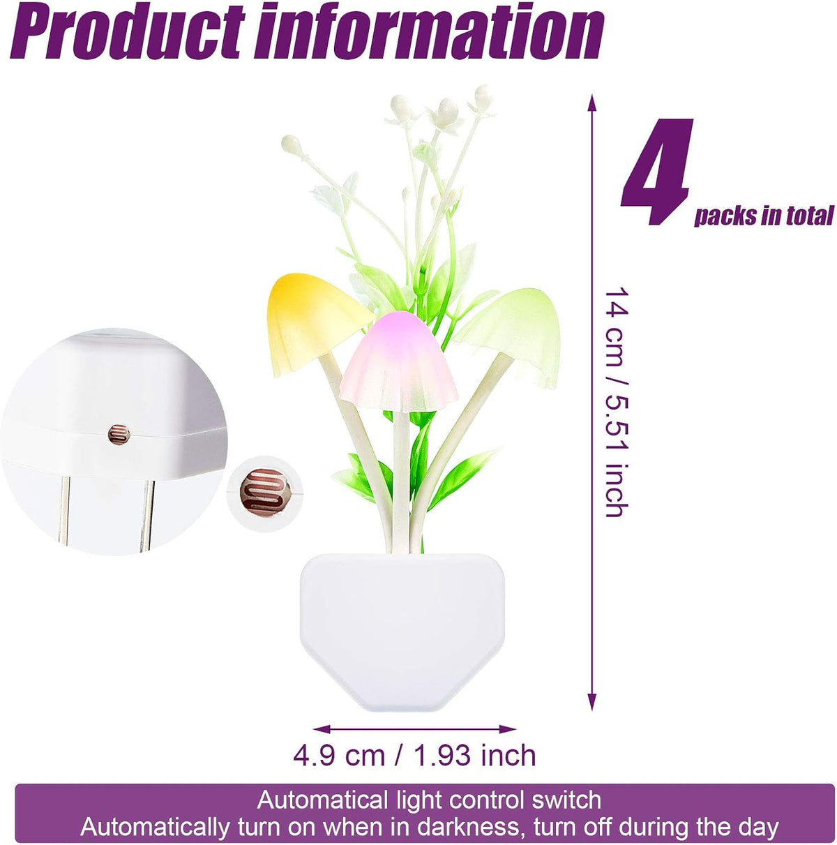 Mudder 4 Pcs Sensor Mushroom Night Lights LED Night Lights 7 Color Changing Plug-in Light Sensor Wall Lamp for Adults Bedroom, Bathroom, Christmas Party Gift(Float Grass Style)