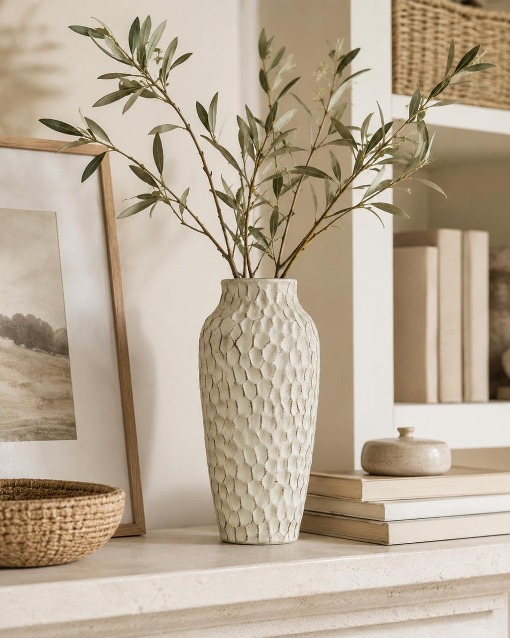 12.4 Inch Large Yellow Textured Ceramic Tall Vase for Rustic Home Decor