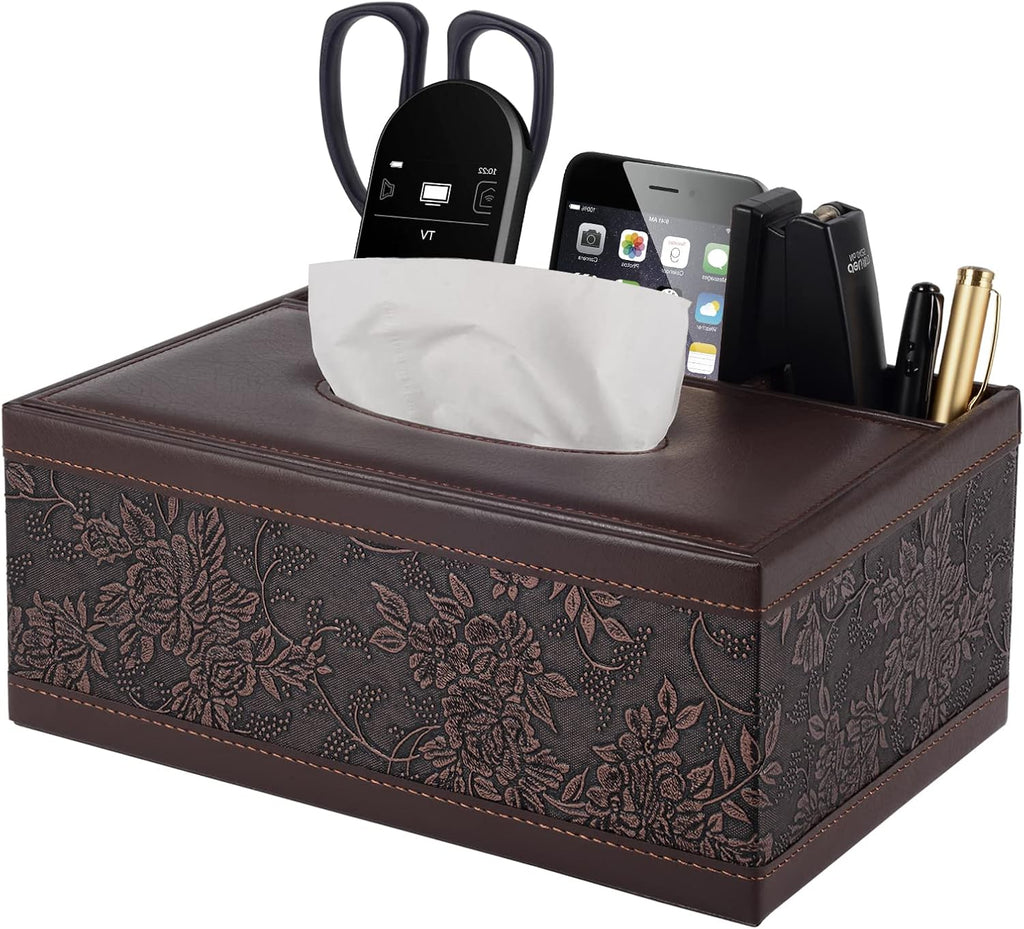 Tissue Box Cover Rectangle Retro Tissue Box Holder PU Leather Facial Tissues Organizer,Multifunctional Remote Control Stationery Storage Box,Home Office Supplies Car Napkin Caddy