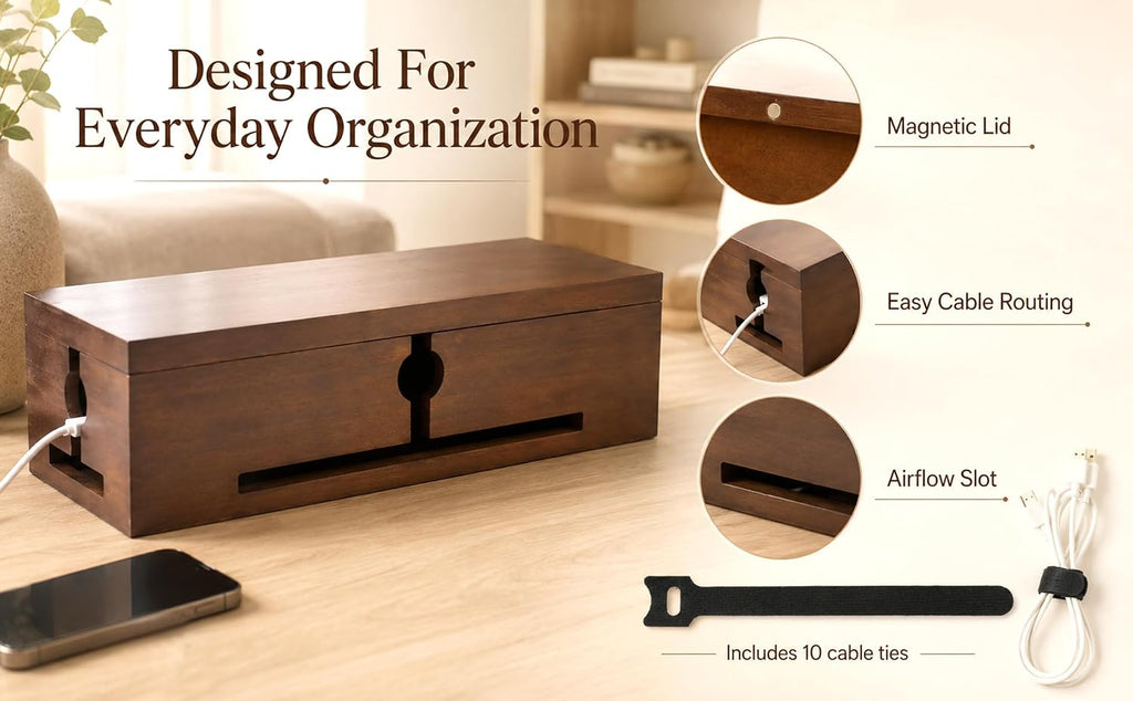 Wood Cable Management Box for Power Strip, Solid Wood Cord Organizer Box with Lid, Wire Storage Box for Desk, Living Room, Office and Media Setup