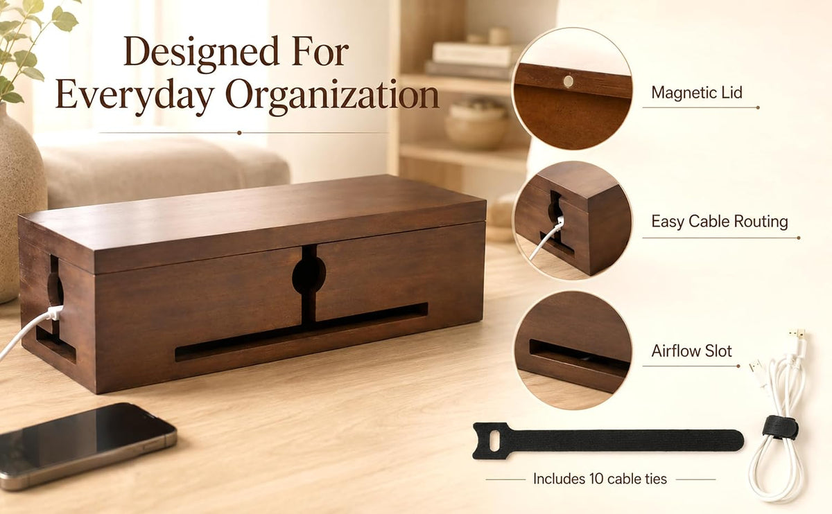 Wood Cable Management Box for Power Strip, Solid Wood Cord Organizer Box with Lid, Wire Storage Box for Desk, Living Room, Office and Media Setup