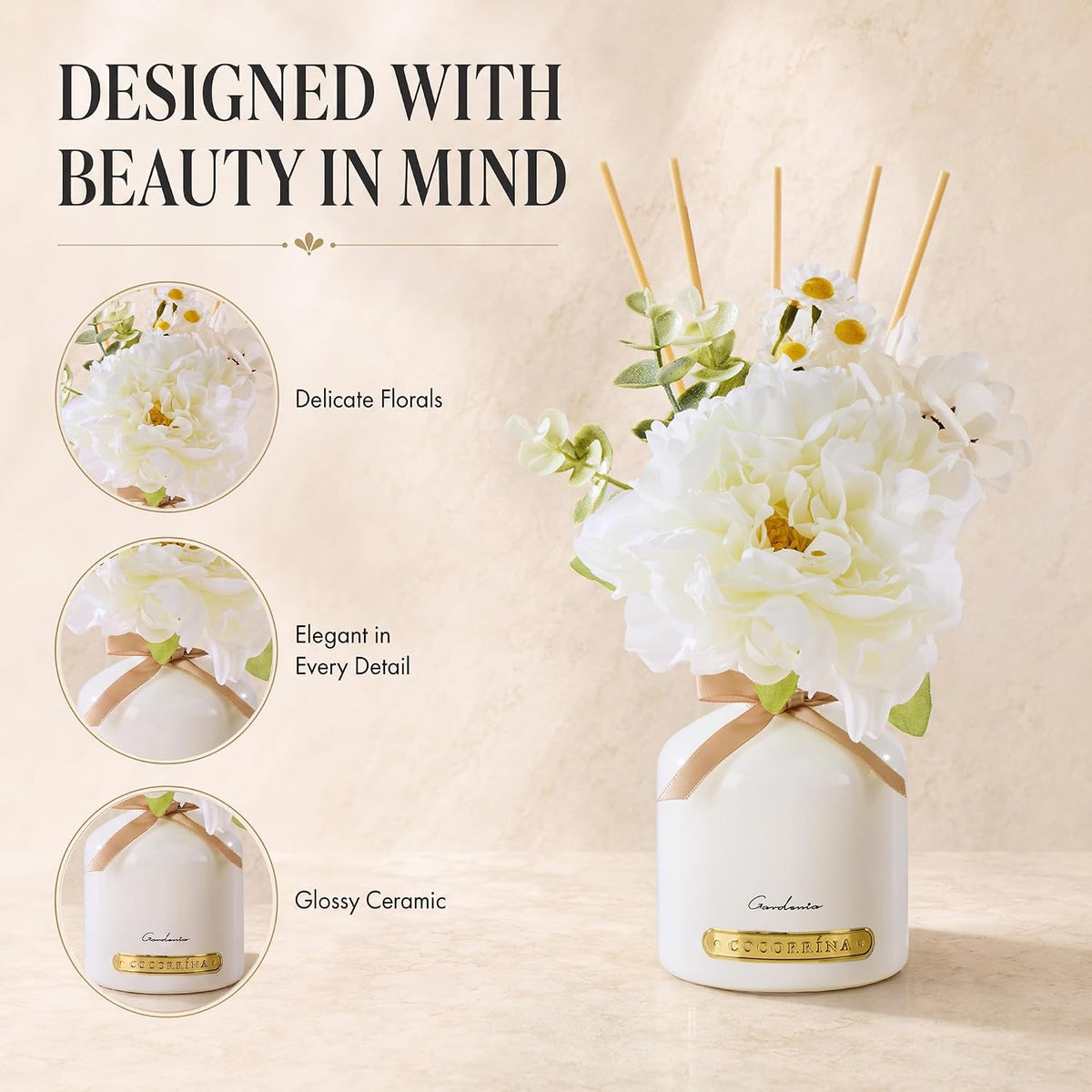 Gardenia Reed Diffuser Set with Flowers, 6.76 fl oz