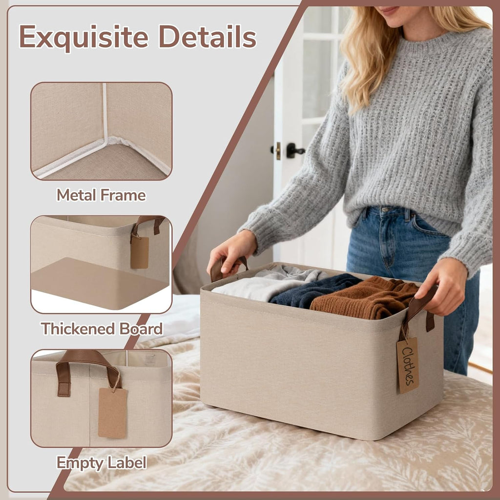 CHICVITA 4 Pack Fabric Storage Bins for Shelves, Metal Frame, 20L Brown