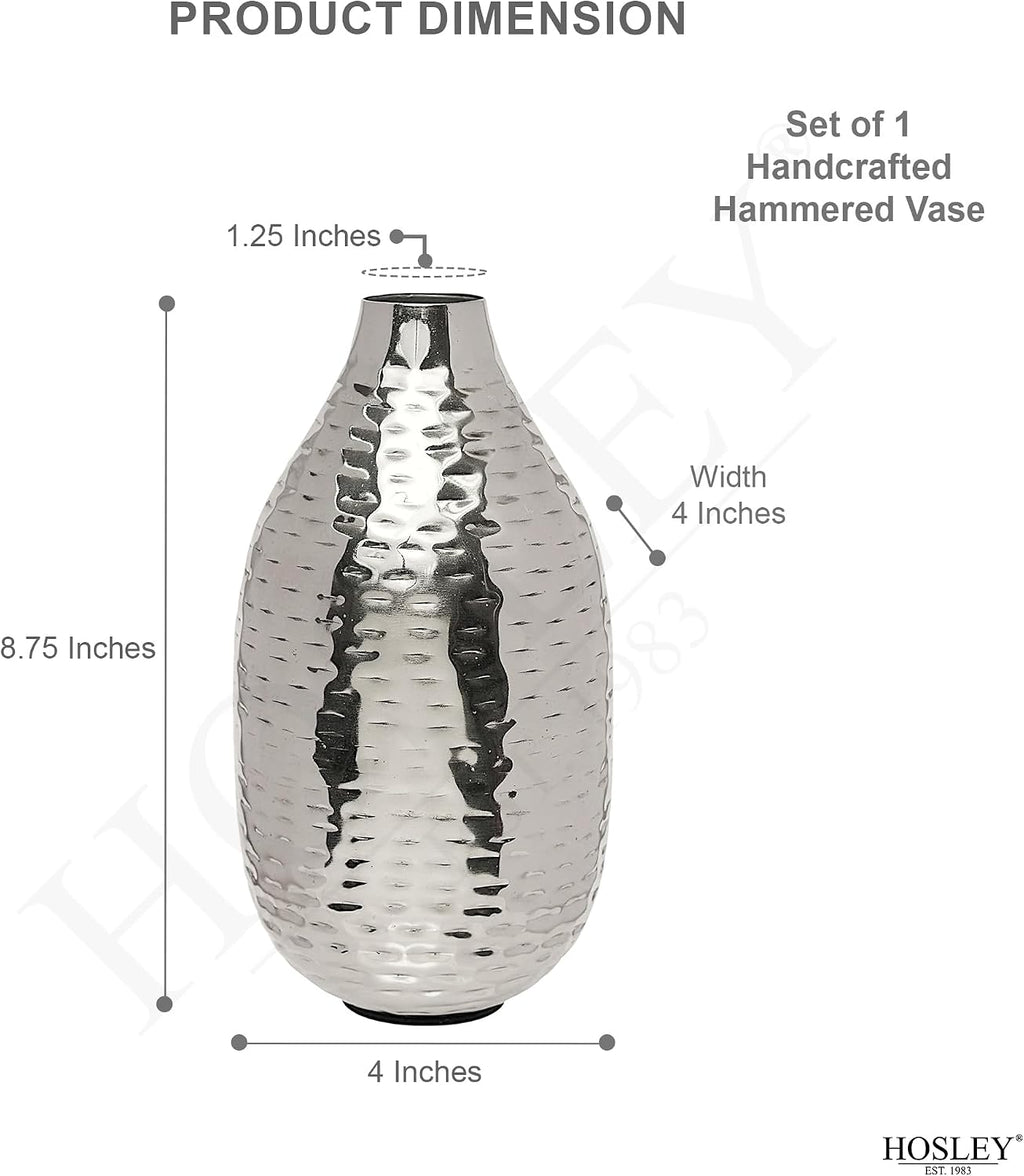Hosley Silver Vase for Decor 8.75" Hammered Metal Flower Vase, Modern Tabletop Centerpiece Vases for Living Room Decor, Dining Table, Weddings, Faux Dried Floral Decorative Vases