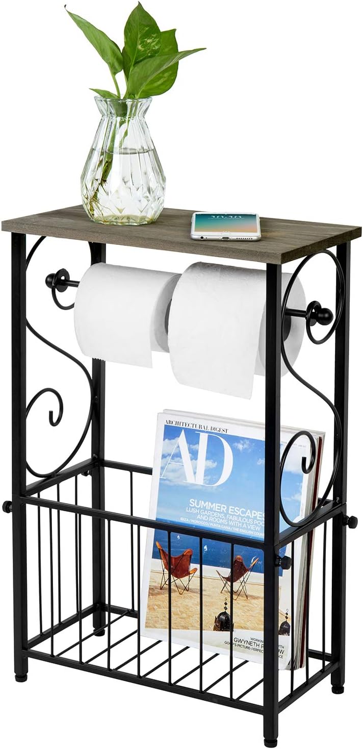 MyGift Toilet Paper Holder Stand with Magazine Rack, Gray Wood Shelf